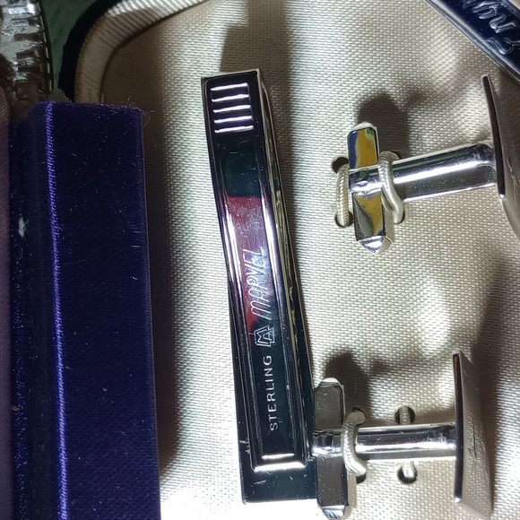 Vtg Marvel Sterling Hand Engraved Cufflink & Tie Bar Set - Picture 7 of 8